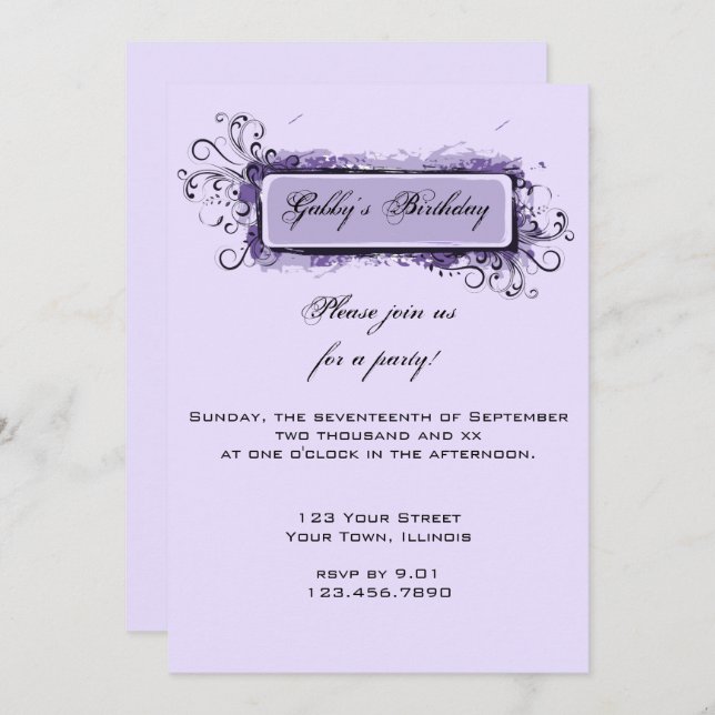 Purple Abstract Floral Birthday Party Invitation (Front/Back)