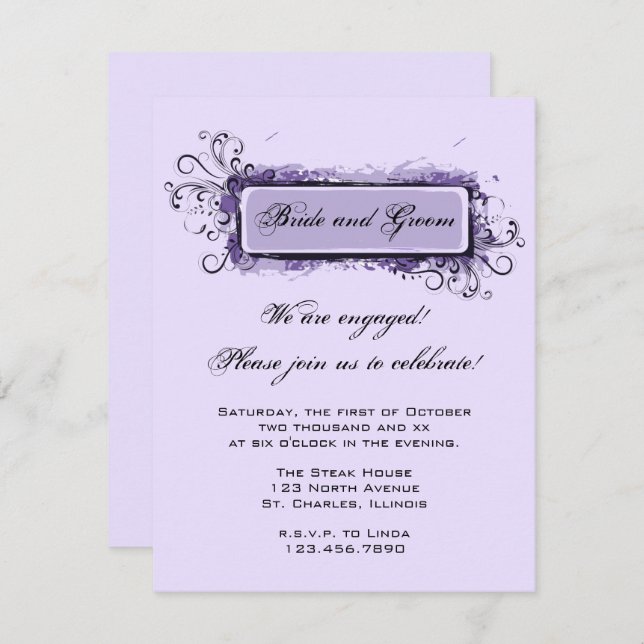 Purple Abstract Floral Engagement Party Invitation (Front/Back)