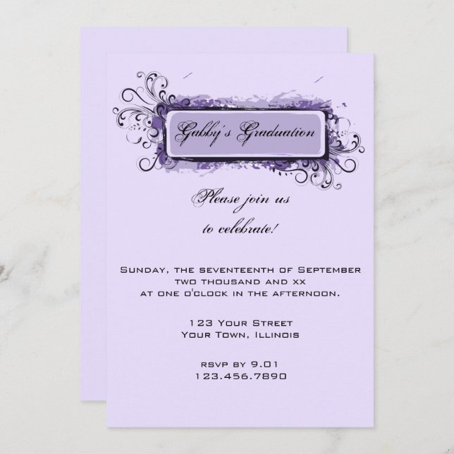 Purple Abstract Floral Graduation Party Invitation (Front/Back)