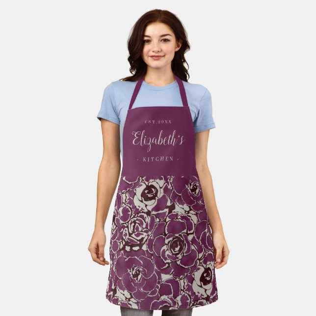 Purple abstract floral personalised cooking apron (Worn)