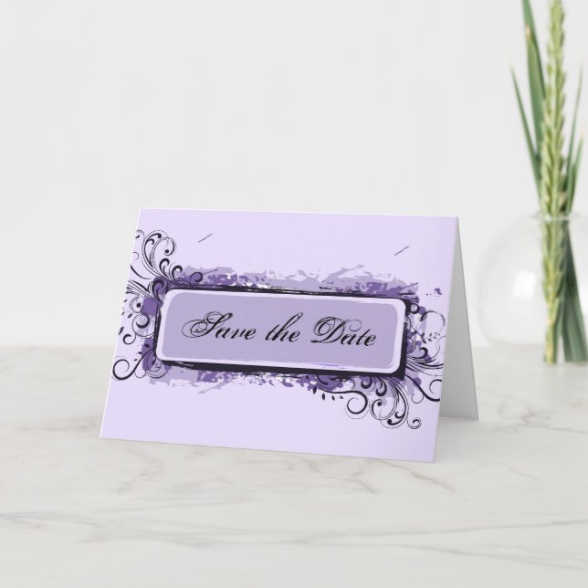 Purple Abstract Floral Save the Date Announcement (Front)