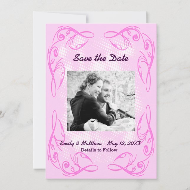 Purple Abstract Swirl Border Save the Date Card (Front)