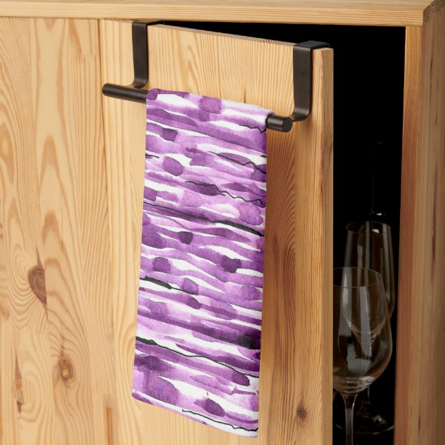Purple Abstract Watercolor Stripes Tea Towel (Thirds Fold)