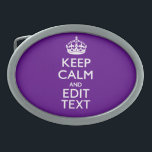 Purple Accent Keep Calm And Your Text Easily Oval Belt Buckle<br><div class="desc">Your personalised Keep Calm saying on a fine custom deep purple accent colour style decor. A personalised Keep Calm style saying on a one of a kind gift. Humourous or whimsical try on your creative words on two editable lines of text. Remember to use CAPITAL letters for best results. Use...</div>
