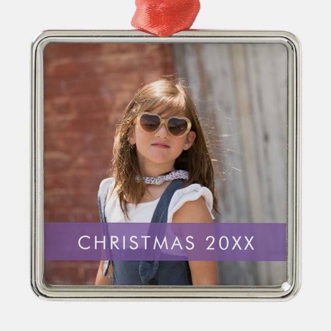 Purple Accent Ribbon Photo Template Christmas Meta Metal Ornament (Front)