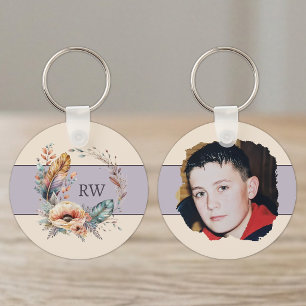 Purple add initial floral photo key ring