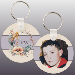 Purple add initial floral photo key ring