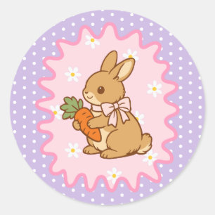 Purple Adorable Bunny Carrot & Daisy  Classic Round Sticker