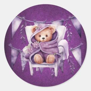 Purple Adorable Teddy Bear Girl Baby Shower Classic Round Sticker