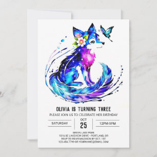 Purple Adorable Wolf Digital Girl Birthday Invitation