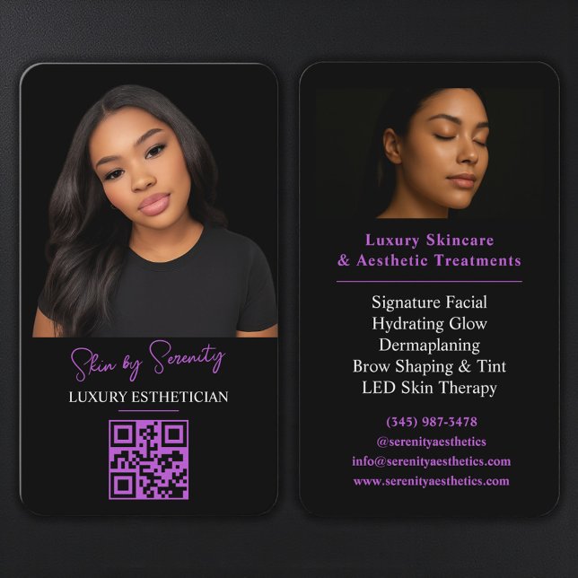 Purple Aesthetician QR Code Luxury Black Beauty Business Card (Creator Uploaded)