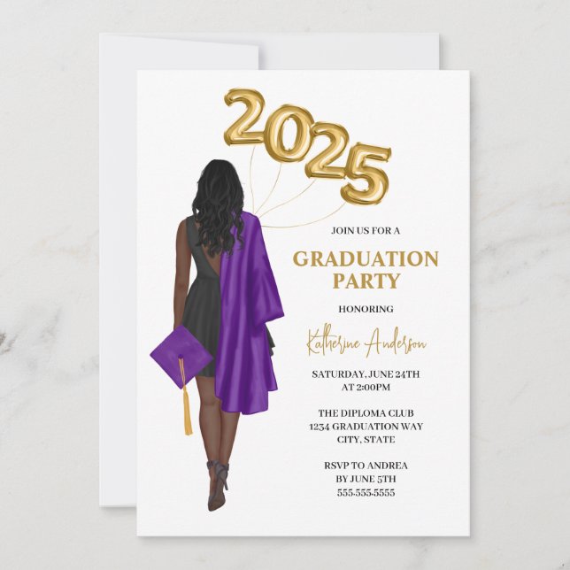 Purple African American Female Graduation Party Invitation (Front)