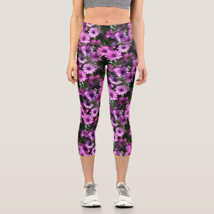 Purple African Daisy Flowers Nature Pattern     Capri Leggings