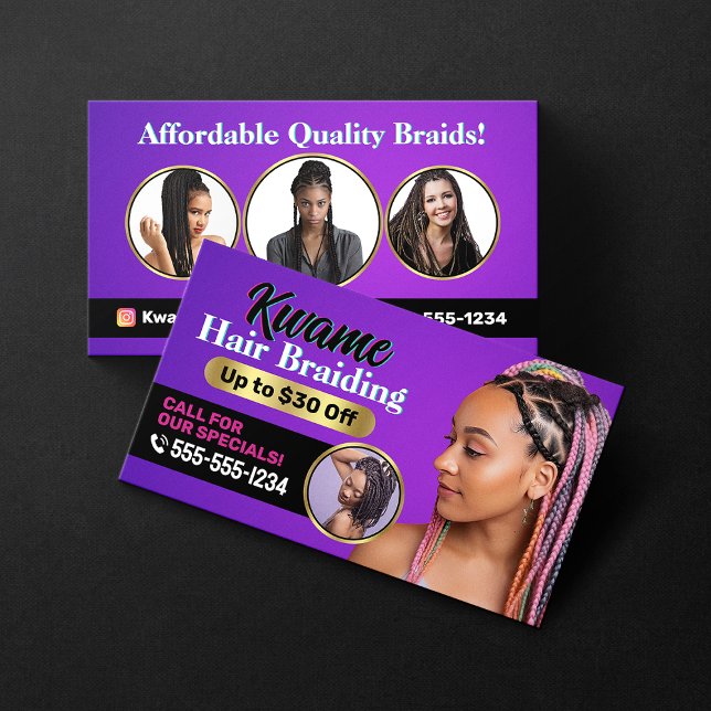 Purple African Hair Braiding Service Special Offer Business Card (Creator Uploaded)