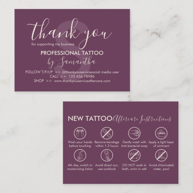 Purple Aftercare Instructions Tattoo Thank you Business Card (Front/Back)