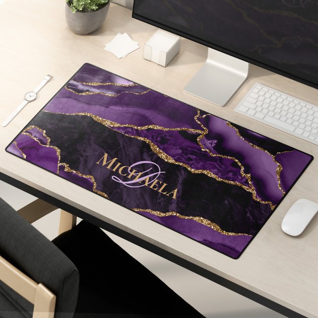 Purple Agate Geode Gold Glitter Monogram  Desk Mat (Creator Uploaded)