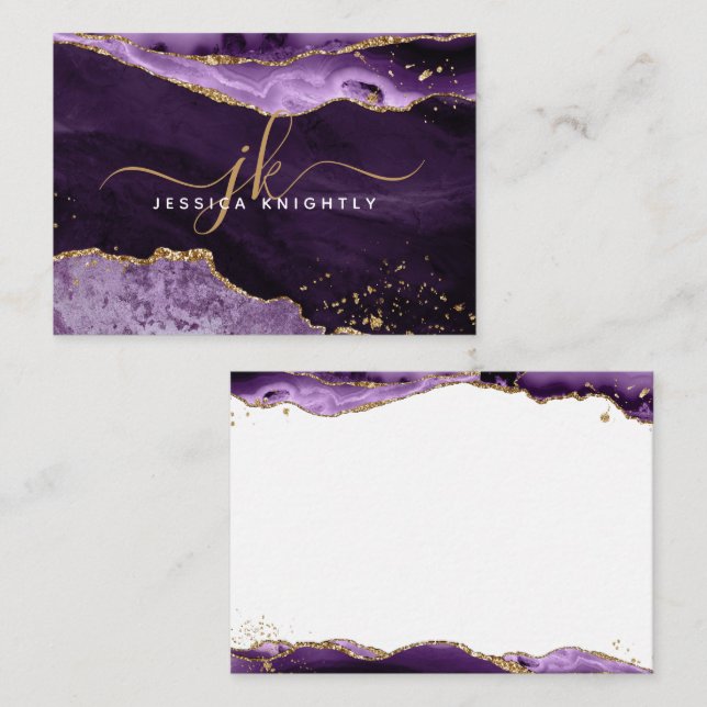 Purple Agate Geode Gold Glitter Monogram Script Card (Front/Back)