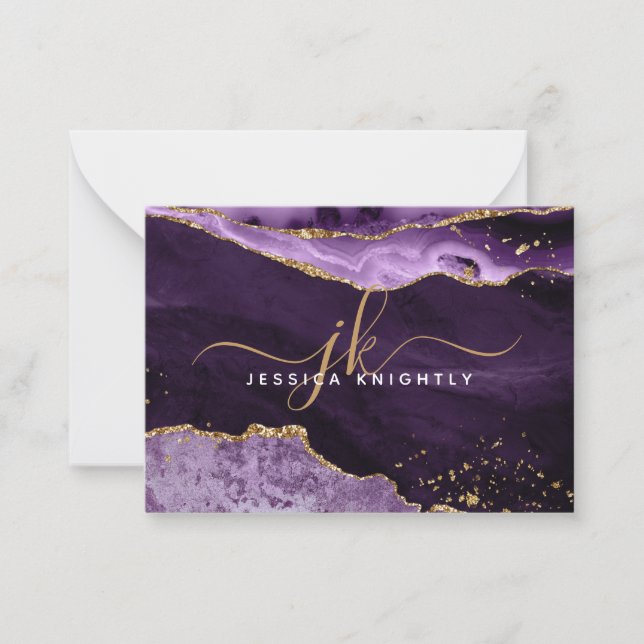 Purple Agate Geode Gold Glitter Script Monogram Card (Front)
