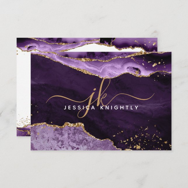 Purple Agate Geode Gold Glitter Script Monogram Card (Front/Back)