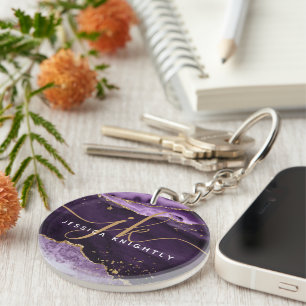 Purple Agate Geode Gold Glitter Script Monogram Key Ring