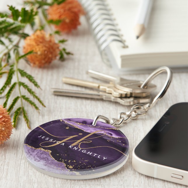 Purple Agate Geode Gold Glitter Script Monogram Key Ring (Front Right)