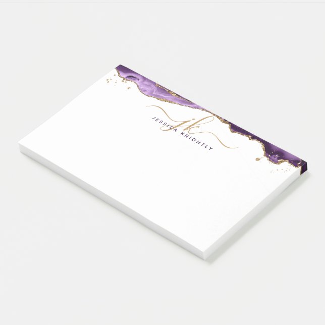Purple Agate Geode Gold Glitter Script Monogram Post-it Notes (Angled)