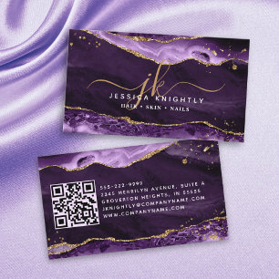 Purple Agate Geode Monogram Gold Script Business Card