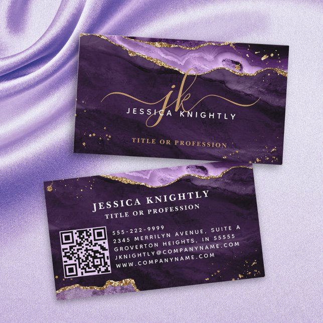Purple Agate Geode Monogram Gold Script Business Card (Creator Uploaded)