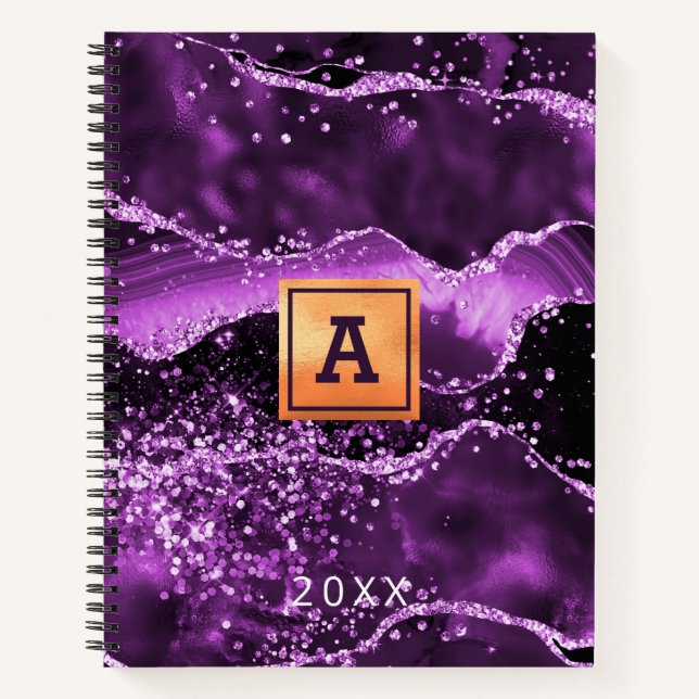 Purple agate glitter pink marble name gold notebook (Front)