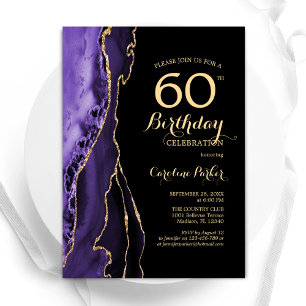Purple Agate Gold Black 60th Birthday Invitation