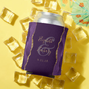 Purple Agate Gold Faux Glitter Plum Wedding Can Cooler