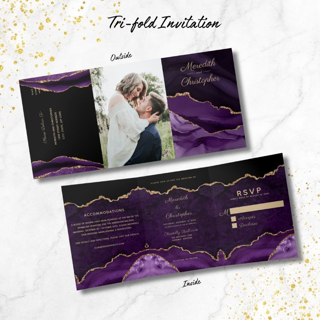 Purple Agate Gold Glitter Geode Photo Wedding Tri-Fold Invitation (Creator Uploaded)