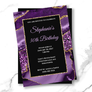 Purple Agate Gold Glitter Glam 30th Birthday Invitation