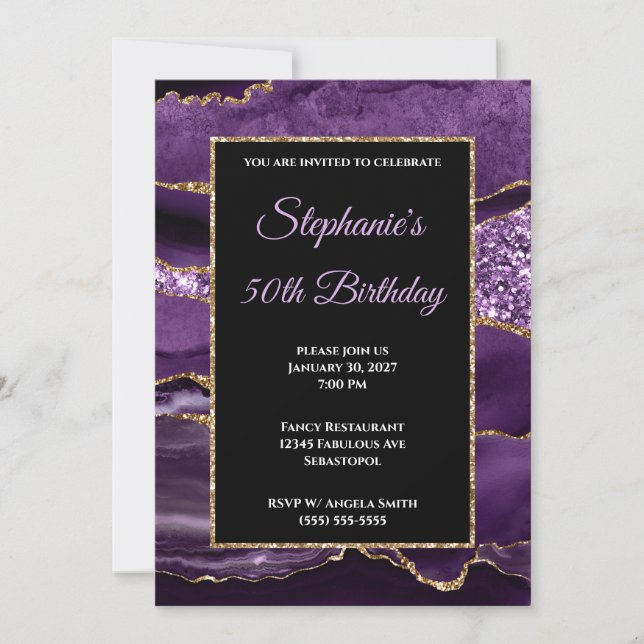 Purple Agate Gold Glitter Glam 50th Birthday Invitation (Front)