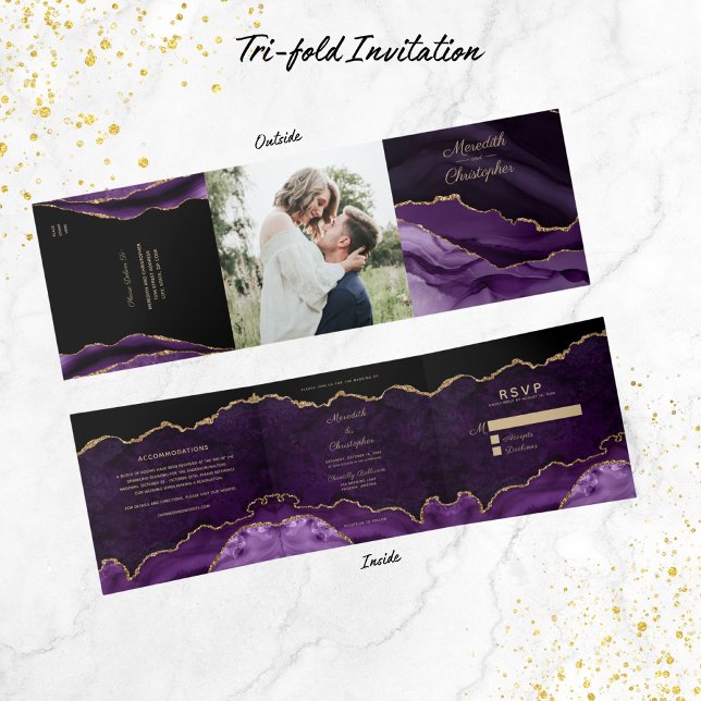 Purple Agate Gold Glitter Photo Wedding Square Tri-Fold Invitation (Creator Uploaded)