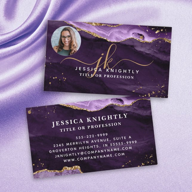 Purple Agate Gold Glitter Script Monogram Photo Business Card (Creator Uploaded)