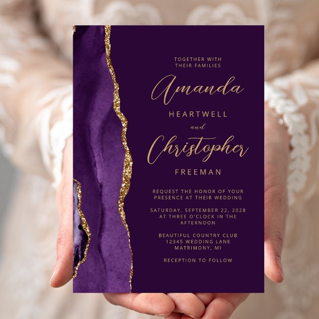 Purple Agate Gold Modern Script Wedding Invitation (Creator Uploaded)