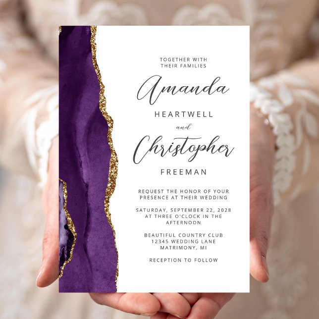 Purple Agate Gold Modern Script Wedding Invitation (Creator Uploaded)