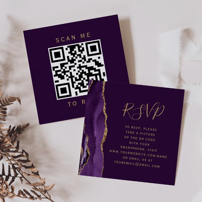 Purple Agate Gold Plum Wedding QR Code RSVP Enclosure Card (Creator Uploaded)