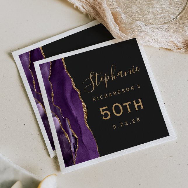 Purple Agate Gold Script Dark 50th Birthday Napkin (Creator Uploaded)