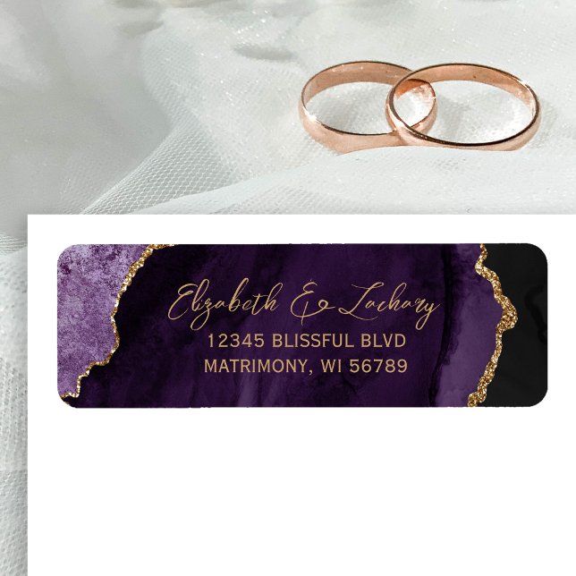 Purple Agate Gold Script Wedding Return Address Label (Creator Uploaded)