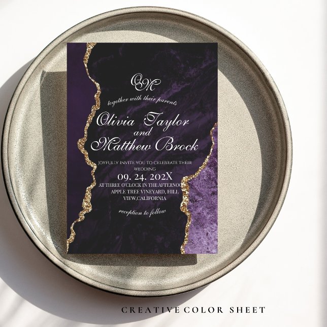 Purple Agate & Gold Wedding Script Wedding  Invitation (Creator Uploaded)
