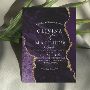 Purple Agate & Gold Wedding Script Wedding  Invitation