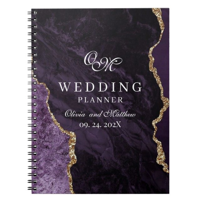 Purple Agate & Gold Wedding Script Wedding Planner Notebook (Front)