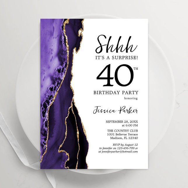 Purple Agate Gold White Surprise 40th Birthday Invitation (Creator Uploaded)