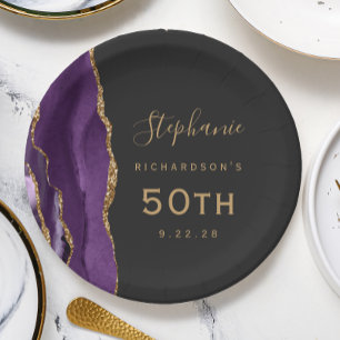 Purple Agate Marble Gold Dark 50th Birthday Paper Plate