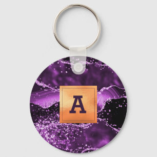 Purple agate marble gold monogram key ring