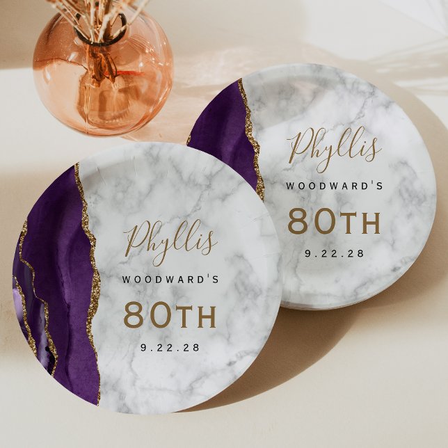 Purple Agate Marble Gold Script 80th Birthday Paper Plate (Creator Uploaded)