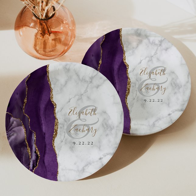 Purple Agate Marble Gold Script Wedding Paper Plate (Creator Uploaded)