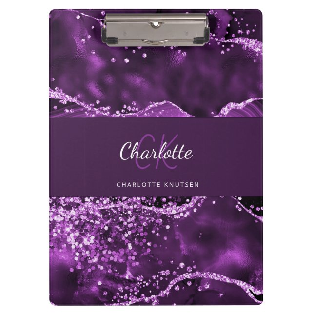 Purple agate marble monogram name clipboard (Front)